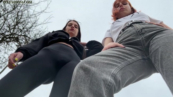 ppfemdom - Bully Girls Spit On You And Order You To Lick Their Dirty Sneakers Outdoor POV Double Femdom